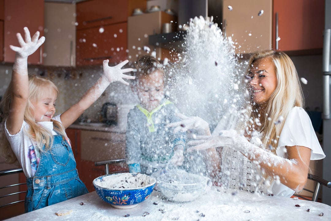 Mother with Kids at Kitchen